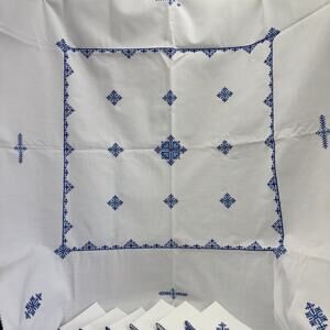 Embroidered Moroccan Tablecloth Set Square Cloth & 6 Napkins Blue & white